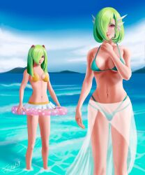 2girls artist_signature beach big_breasts bikini breasts emiyart female female_focus female_only floatie gardevoir green_hair hair hair_over_one_eye hourglass_figure human humanization humanized kirlia light-skinned_female light_skin looking_at_viewer ocean one_eye_covered pokemon pokemon_(species) pokemon_rse red_eyes