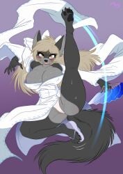 2022 4_toes action_pose amber_eyes anthro big_breasts black_nose blonde_hair blush bodily_fluids breasts camel-toe canid canine canis cosplay feet female hair hi_res holding_fan kisa_justine lemur2003_(artist) looking_at_viewer mammal nipple_outline pawpads pose senran_kagura simple_background smile solo spread_legs spreading sweat toes wolf yumi_(senran_kagura) yumi_(senran_kagura)_(cosplay)