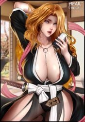 1girls absurdres areola_slip arm_up bearwitch bleach blonde_hair blue_eyes breasts can cleavage female female_only haori highres holding holding_can japanese_clothes jewelry large_breasts matsumoto_rangiku mole mole_under_mouth necklace open_mouth paid_reward_available sheath solo sword taichou_haori thighs weapon