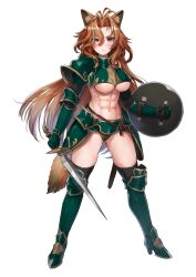 1girls abs animal_ears armor bikini_armor female female_only fox_ears fox_girl fox_tail large_breasts light-skinned_female light_skin long_hair muscular muscular_female sahara1127 shield simple_background solo sword tail weapon white_background