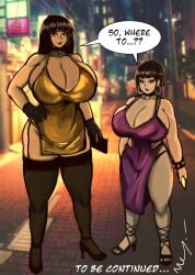 2girls accessory black_hair date dress earrings female female_only goth_(booruguru) high_heels huge_breasts long_hair multiple_girls original_character shion_(tinboryte_oc) shortstack text thick_thighs tinboryte