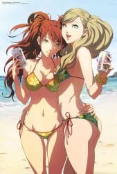 2girls ale_(ale_halexxx) ann_takamaki ass atlus big_ass big_breasts bikini blonde_hair blue_eyes breasts brown_eyes brown_hair clothing drink female female_only human kujikawa_rise lovers_arcana megami_tensei multiple_girls open_mouth pale_skin persona persona_4 persona_5 soda swimwear twintails