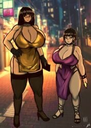 2girls accessory black_hair blush date dress earrings female female_only goth_(booruguru) high_heels huge_breasts long_hair multiple_girls original_character shion_(tinboryte_oc) shortstack text thick_thighs tinboryte