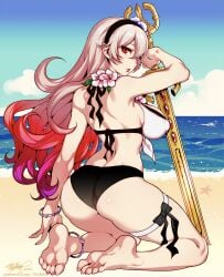 1girls alternate_costume anklet ass back_view barefoot beach big_breasts bikini black_bikini_bottom bracelet bracelets corrin_(fire_emblem) corrin_(fire_emblem)_(female) corrin_(summer)_(fire_emblem)_(female) dat_ass dragon_girl edit edited feet female female_only fire_emblem fire_emblem_fates fire_emblem_heroes fishine flower flowers headband huge_breasts large_breasts long_hair looking_back manakete multicolored_hair nintendo ocean on_knees pointy_ears red_eyes red_lips red_lipstick sand slit_pupils solo swimsuit sword third-party_edit toes vermadis2x water wavy_hair weapon white_bikini white_swimsuit yato_(fire_emblem)