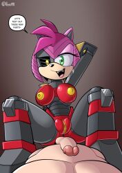 amy_rose anthro breasts cybernetics cyborg eulipotyphlan female female_on_top fours_(artist) genitals hedgehog hi_res human human_on_anthro interspecies machine male male/female mammal on_top penis pussy rusty_rose sega sonic_(series) sonic_prime sonic_the_hedgehog_(series)