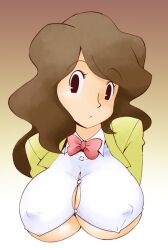 big_breasts bowtie brown_background brown_eyes brown_hair emmy_altava erect_nipples erect_nipples_under_clothes female female_only gradient_background long_brown_hair long_hair looking_at_viewer muramasa_mikado professor_layton suit_jacket