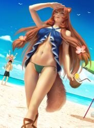 1boy 2girls big_breasts bikini brown_eyes brown_hair casual female filo filoflower_in_hair footwear highres iwatani_naofumi long_hair naked nipples public raphtalia shaved_pussy slave tate_no_yuusha_no_nariagari zarory