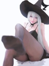 1girls albino cleavage female halloween halloween_costume long_hair looking_at_viewer smile solo solo_female unimun white_hair witch witch_hat