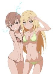 2020 2020s 2girls :3 absurd_res arm_up armpits ass_visible_through_thighs bare_shoulders bare_thighs bikini biribiri blonde_hair blush breast_press breasts brown_eyes brown_hair cleavage clothed clothed_female collarbone electricity electrokinesis female female_only futatsue gluteal_fold hair_flower hair_ornament hi_res light-skinned_female light_skin long_hair looking_at_another looking_at_viewer matching_hair/eyes medium_breasts midriff misaka_mikoto navel shokuhou_misaki short_hair small_breasts smile solid_color_background standing swimsuit teenage_girl teenager thighs to_aru_kagaku_no_railgun to_aru_majutsu_no_index unusual_pupils v white_background yellow_eyes young