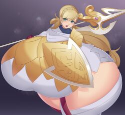 1girls ass bangs bare_thighs blonde_hair bluespice boots braid breasts female female_only fire_emblem fire_emblem_heroes gigantic_ass gigantic_breasts gloves green_hair hyper_ass hyper_breasts long_hair nintendo open_mouth ponytail sharena_(fire_emblem) solo spear thick_thighs thigh_boots thighhighs thighs very_long_hair voluptuous weapon