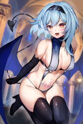 1girls blue_hair breasts cleavage clothing demon demon_girl demon_tail demon_wings eula_(genshin_impact) female female_only genshin_impact halloween halloween_costume heart_tattoo high_heels light-skinned_female light_skin navel sling_bikini solo_female succubus succubus_tattoo swimsuit tattoo thick_thighs thighhighs yellow_eyes yuniiho