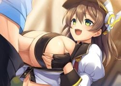 1boy1girl animated blush boobjob breast_grab breast_press breast_squeeze breasts breasts_pressed_together breasts_squeeze brown_hair clothed_sex coat covered_nipples embarrassed female female_focus fingerless_gloves forseti_(kamihime) green_eyes hands_on_breasts hat highres huge_breasts kamihime_project kamihime_project_r large_breasts main_character_(kamihime) navel nipple_bulge open_mouth paizuri pants_down penis penis_out perpendicular_paizuri revision room sex smile sweat sweatdrop sweating tagme