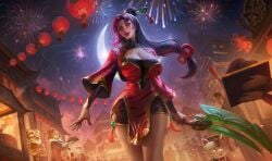 3rd_party_edit alternate_breast_size diana_(league_of_legends) firecracker_diana large_breasts league_of_legends lunar_new_year lunar_revel_series official_artwork_edit purple_hair purple_lipstick riot_games shorts sutton184_edits thick_thighs thighs