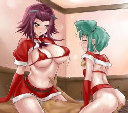 1boy 2girls akiza_izinski bell big_ass big_breasts blush christmas christmas_outfit closed_eyes cowgirl_position female green_hair hair_ornament izayoi_aki looking_at_partner luna_(yu-gi-oh!) male multiple_girls petite purple_hair r-binon red_clothing reverse_spitroast sex sitting_on_face yu-gi-oh! yu-gi-oh!_5d's