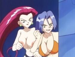 2girls accurate_art_style alternate_version_available bikini bikini_top earrings female_only game_freak genderswap hourglass_figure huge_breasts james_(pokemon) jessie_(pokemon) multiple_girls naked naked_female nintendo nipple_bulge nipple_slip nipples nude nude_female pokemon pokemon_(anime) rokasta1_(artist) rule_63 screencap screenshot screenshot_edit third-party_edit