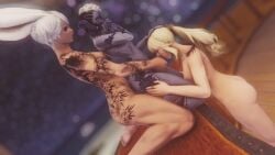 au_ra blowjob fellatio final_fantasy final_fantasy_xiv futa_on_female futanari gpose(ffxiv) hyur lyse_hext threesome viera warrior_of_light