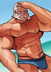 1boy abs bara barely_visible_genitalia barely_visible_penis beach beard belly_button dick_root erection male_only mature mature_male muscular muscular_male nipples overwatch pecs penis reinhardt solo swimming_trunks swimwear tagme tehbluebubble underwear video_games water white_hair