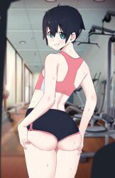 1boy big_ass bigppea black_hair blue_eyes femboy gym_shorts male muscles solo_male