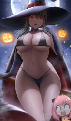 2girls abp_art anya_forger artist_signature bikini black_hair breasts female female_only green_eyes halloween hat huge_breasts large_hat light-skinned_female light_skin long_hair multiple_girls outdoors pink_hair red_eyes solo_focus spy_x_family witch witch_hat yor_briar yor_forger