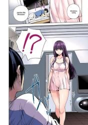 alluring big_breasts black_text blue_eyes breasts butt intrusion manga mizuhara_reito purple_hair seducing seductive shuumatsu_no_harem suou_mira voluptuous