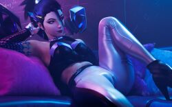 1girls 3d 3d_(artwork) alternate_version_available armpits bare_midriff belt boots cameltoe clothed_female clothing couch dark_purple_hair female female_focus female_only heel_boots heels hi_res highres k/da_all_out_kai'sa k/da_all_out_series k/da_series kai'sa league_of_legends light-skinned_female light_skin midriff pants purple_eyes riot_games shiny_clothes shirt sitting sitting_on_couch sixplusone solo solo_female solo_focus stomach thick_thighs tied_hair tight_clothing tight_pants