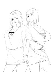 2girls big_breasts blunt_bangs bob_cut breasts busty dress female female_only fully_clothed hair_bun huge_breasts implied_yuri kunoichi large_breasts long_hair looking_at_viewer mabui mature mature_female monochrome multiple_girls naruto naruto_(series) naruto_shippuden ninja no_bra samui short_hair tied_hair voluptuous xshuai