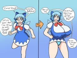 1280x960 1girls 2d 2d_(artwork) 5_fingers arrow_(symbol) ass_visible_through_thighs bare_thighs big_breasts blue_background blue_bow blue_dress blue_eyes blue_hair blue_panties bow breast_expansion breasts breasts_bigger_than_head cirno clothed clothed_female clothing cocky color colored dress english english_text eyes_open female female_focus female_only fist fists fists_clenched fully_clothed fully_clothed_female gradient_background handwritten_text huge_breasts kingmelon large_breasts light-skinned_female light_blue_eyes light_blue_hair light_skin low_quality mouth_open nipple_bulge nipples_visible_through_clothing no_pupils one_leg_raised one_leg_up open_eyes open_mouth panties pink_tongue red_bow short_hair short_sleeves speech_bubble steam steamy_breath talking talking_to_viewer teeth teeth_showing teeth_visible text text_bubble time_skip touhou white_sclera white_sleeves wings