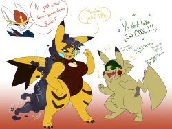 big_breasts breasts chubby cinderace cosplay_pikachu dewwydarts dewwydartz dialogue pikachu pokémon_(species) pokemon pokemon_(species) speech_bubble text zeke_(dewwydartz)