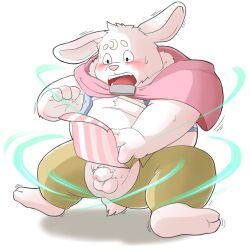 2022 anthro balls blush bodily_fluids flaccid genitals humanoid_genitalia humanoid_hands humanoid_penis inunoshippo kemono lagomorph leporid magic male male_only mammal overweight overweight_male penis rabbit simple_background small_penis solo surprise sweat