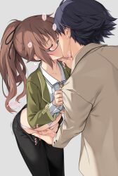 1boy black_ribbon blue_hair brown_hair closed_eyes eiyuu_densetsu female fingering fingering_partner glasses grey_background hair_ribbon hakuleg hand_in_panties kissing long_hair panties ponytail rean_schwarzer ribbon sen_no_kiseki sen_no_kiseki_iii sen_no_kiseki_iv short_hair simple_background towa_herschel underwear