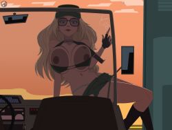 1girls 2022 aqua_eyes big_breasts black_gloves blonde_hair breasts_on_glass breasts_outside brown_nipples combat_knife female_focus female_only fingerless_gloves green_panties hi_res high_resolution highres jeep julia_(metal_slug) knife lipstick long_hair looking_at_viewer metal_slug metal_slug_attack military military_hat military_uniform seductive short_shorts slc snk socks sunglasses sunset tattoo tattoo_on_chest thick_thighs tinted_eyewear wide_hips windshield