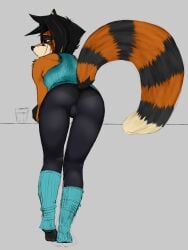 2022 absurd_res ailurid anthro ass beverage black_hair black_nose camel_toe canid canine clothing digital_media_(artwork) eyewear female fox fur glasses grey_background hair hi_res hybrid ibengmainee leaning leaning_forward legwear mammal markings pantyhose raised_tail rear_view red_body red_fur red_panda ring_(marking) ringtail round_glasses simple_background solo tail_markings victoria_(ibengmainee)