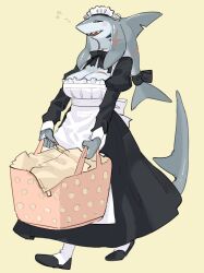 1girls anthro blush breasts closed_eyes clothed clothing female female_only fish hi_res kame_3 maid maid_uniform marine shark shark_maid_(kame_3) smile solo teeth uniform yellow_background