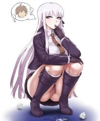 1boy 1girls ? akizora ass bangs black_gloves black_ribbon blunt_bangs boots braid breasts brown_hair brown_necktie cameltoe censored collared_shirt commentary_request cum cum_on_body cum_on_clothes danganronpa danganronpa:_trigger_happy_havoc danganronpa_1 facing_viewer female female_only female_pubic_hair finger_in_own_mouth full_body gloves hair_ornament hair_ribbon high_heel_boots high_heels highres jacket kirigiri_kyouko knee_boots large_breasts layered_sleeves long_hair long_sleeves naegi_makoto necktie no_panties o_o open_clothes open_jacket pubic_hair purple_eyes purple_footwear purple_jacket purple_skirt pussy pussy_peek ribbon shirt short_hair single_braid skirt solo solo_focus squatting straight_hair thighs thought_bubble underwear used_tissue white_background white_hair white_shirt wing_collar