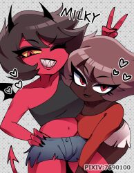 2demons 2girls ass belly_button big_breasts black_hair black_nails breasts brown_body brown_hair curvy curvy_figure dark-skinned_female dark_skin demon_girl demon_horns demon_tail demon_wings duo duo_female female female_only helluva_boss human_milky midriff milky_(helluva_boss) multiple_girls navel one_eye_closed peace_sign pixiv_(7690100) red-skinned_female red_eyes red_skin self_paradox sharp_teeth short_shorts shortstack smile smiling succubus succubus_horns succubus_tail succubus_wings tagme thong v_sign vivienne_medrano vivziepop wink