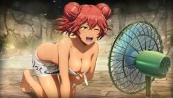 1girls ;d barefoot blush breasts cleavage cooling_off dark-skinned_female dark_skin detailed_background double_bun electric_fan fan fence hair_bun large_breasts lupusregina_beta naked_towel one_eye_closed open_mouth overlord_(maruyama) red_hair short_hair smile solo tan tanlines towel yellow_eyes