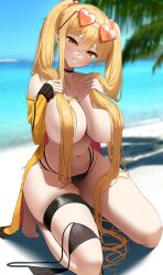 1girls beach bikini black_bikini blonde_hair breasts female grin hair_covering_breasts heart-shaped_eyewear hi_res hips huge_breasts kneeling light-skinned_female light_skin long_hair nicorima oc original_character outdoors slim_waist smile solo sunglasses sunglasses_on_head thick_thighs thighs topless twintails very_long_hair wide_hips