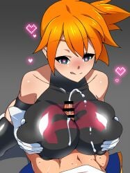 1boy 1girls abs adapted_costume alternate_breast_size asymmetrical_hair belt between_breasts blush breast_press breast_slip breasts censored clothing corruption cosplay cowboy_shot crop_top enemy_conversion female game_freak gloves green_eyes gym_leader heart heart-shaped_pupils high_resolution hips holding huge_breasts human kasumi_(pokemon) large_breasts legs looking_at_viewer male muscle navel nintendo nipples noeruin orange_hair paizuri penis pokemon pokemon_(anime) pokemon_(classic_anime) pokemon_(game) pokemon_rgby ponytail red_hair satoshi_(pokemon) short_hair side_ponytail simple_background smile symbol-shaped_pupils team_rocket team_rocket_(cosplay) team_rocket_uniform thick_thighs thighhighs thighs tied_hair tight_clothes wardrobe_malfunction wide_hips