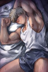 armpit_hair arms_up bed bed_sheet blonde_hair bulge bulge_through_clothing horny jackray85674939 katsuki_bakugou leaking leaking_precum male_only muscular muscular_male my_hero_academia nipple_slip pajamas pecs pillow precum_through_clothing sleeping solo solo_male spiky_hair sweat underwear wet wet_dream