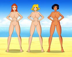 3girls alex_(totally_spies) beach black_hair blonde_hair bloodyblender blue_eyes brown_eyes casual clover_(totally_spies) dark_skin female green_eyes hazel_eyes human multiple_girls nude orange_hair pale_skin red_hair redhead sam_(totally_spies) totally_spies trio yellow_eyes