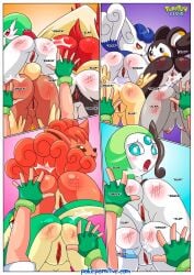 12girls 1boy anthro blaziken braixen breasts comic emolga female gardevoir human lopunny male meloetta meowstic minccino nipples palcomix pokemon pokemon_(species) pokepornlive pussy satoshi_(pokemon) snivy spanking sylveon the_pokemon_master victini vulpix