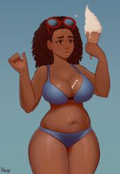 1girls big_breasts bikini black_female blue_bikini brown_eyes brown_hair cleavage curly_hair curvy dark-skinned_female dripping eyewear_on_head food ice_cream mare_ten original original_character simple_background solo sunglasses sunglasses_on_head thick_thighs