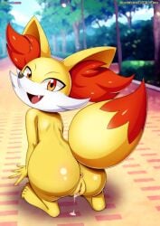 1girls adult anthro anus ass bad_anatomy bbmbbf big_ass bubble_butt canine cum cum_in_pussy cum_inside cum_string exhibitionism fangs female fennekin fox furry grin hi_res horny inviting looking_at_viewer mammal naked nintendo nude palcomix plump_labia pokémon_(species) pokemon pokemon_(species) pokepornlive public pussy pussy_juice raised_tail red_eyes red_fur road solo tail tree video_games yellow_fur