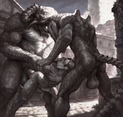 2022 anal anal_sex anthro anthro_on_anthro anthro_penetrated anthro_penetrating anthro_penetrating_anthro ass balls biped bone canid canine capra_demon closed_eyes dark_souls digital_media_(artwork) erection fellatio fromsoftware genitals greyscale group hi_res horn humanoid_genitalia humanoid_penis interspecies klongi male male/male male_penetrated male_penetrating male_penetrating_male mammal monochrome muscular muscular_anthro muscular_male oral penetration penile penile_penetration penis penis_in_ass perineum saggy_balls sex skull skull_head spitroast taurus_demon trio video_games