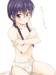 black_hair blush braided_hair braids briefs brown_eyes bulge crossed_arms embarrassed femboy gintama glasses long_hair long_hair_male looking_at_viewer male male_only punchiki shimura_shinpachi sitting solo topless topless_male trap twin_braids underwear