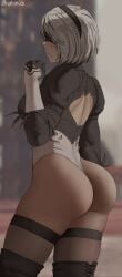 1girls android android_girl ass back back_view blindfold breasts bubble_ass bubble_butt female highleg_leotard hips huge_ass large_breasts leotard light-skinned_female light_skin nier nier:_automata oroborusart savagexthicc short_hair slim_waist thick_thighs thighs white_hair wide_hips yorha_2b