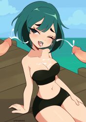 1girls 2boys cremanata cum cum_in_breasts cum_in_mouth female floating_penis goth gwen_(tdi) lipstick multiple_penises open_mouth partial_male pier surprised tagme total_drama_island turquoise_hair