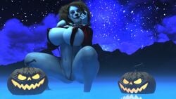 3d absurd_res big_breasts eromd halloween halloween_2022 hi_res partially_clothed pennywise pumpkin rule_63 sitting sitting_down wallpaper