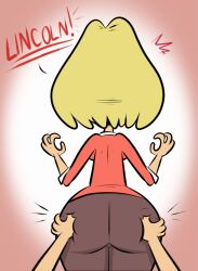 1boy 1girls 2016 angry ass ass_grab blonde_hair clothed clothing english_text grope hands_on_another's_ass lincoln_loud milf mother mother_and_son name_drop rita_loud scobionicle99 son straight_hair text the_loud_house