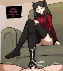 1boy 1boy1girl 1girls background black_hair black_legwear black_skirt black_socks bored clothed_sex cum cum_on_feet cum_on_socks disinterested ejaculation erection fate/stay_night fate_(series) femdom foot_fetish footjob footjob_with_legwear footwear green_eyes humiliation indoors kneehigh_socks light-skinned_female light-skinned_male light_skin mosbles no_shoes nude_male nude_male_clothed_female partially_offscreen_character red_shirt small_penis sockjob socks sound_effects stockings sumata_cafe text text_box thigh_socks thighhighs tohsaka_rin tsundere twintails